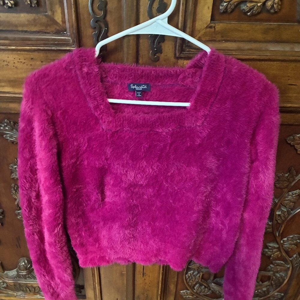 Splendid Fuzzy Square Neck Cropped Sweater Pink Medium Y2K Barbiecore Coquette